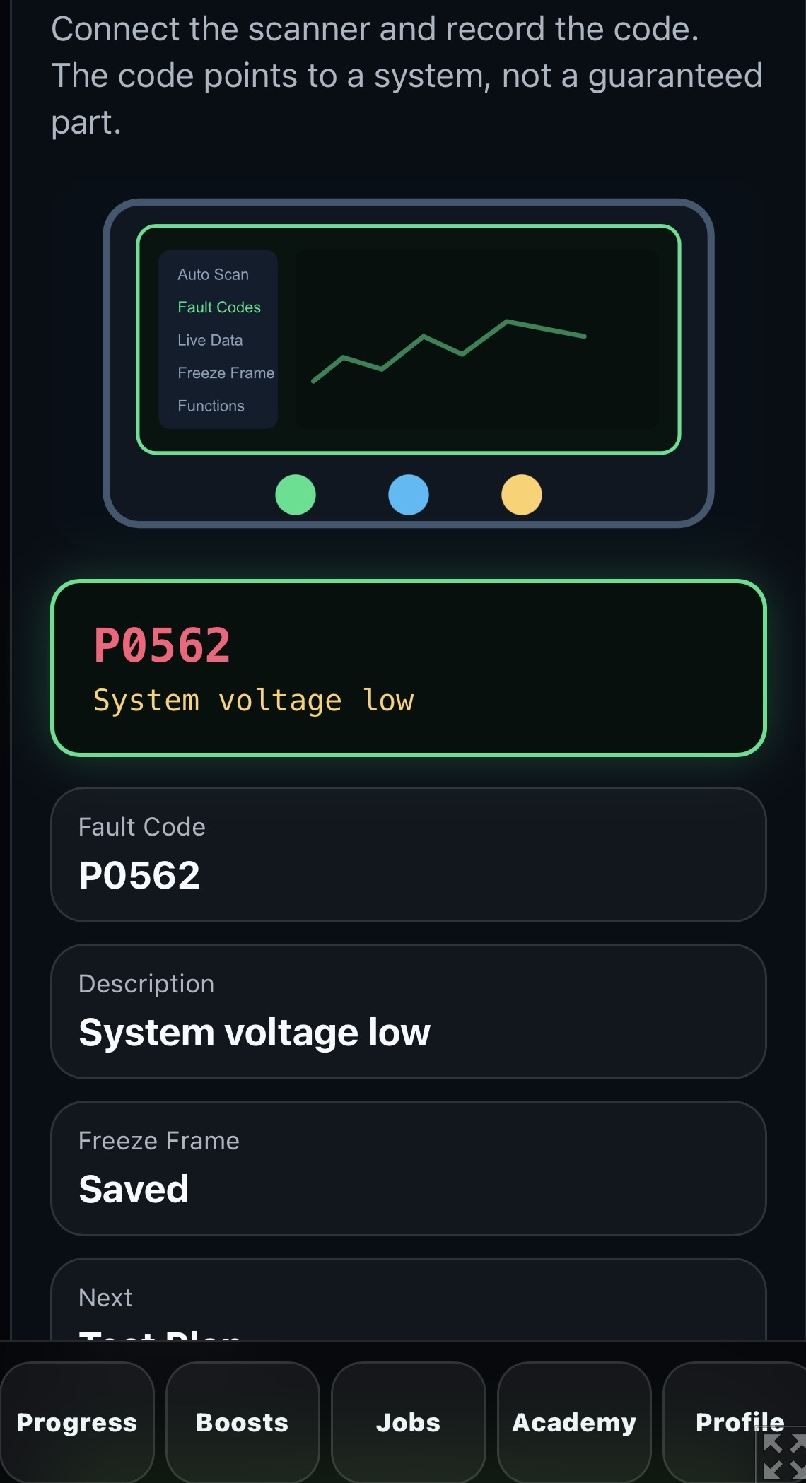 Automotive game diagnostic scanner showing fault code P0562