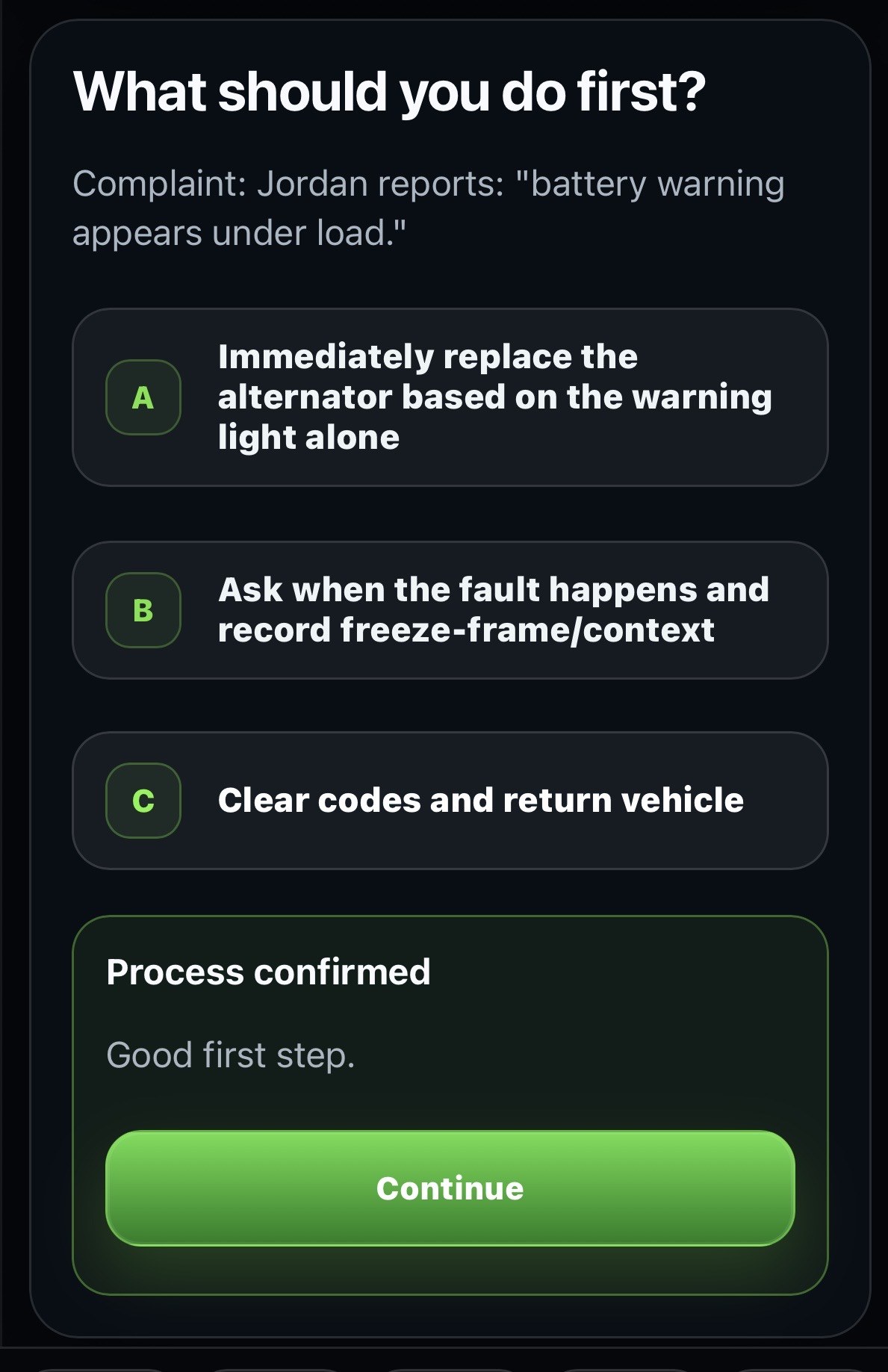 Automotive game first-action decision for a battery warning complaint