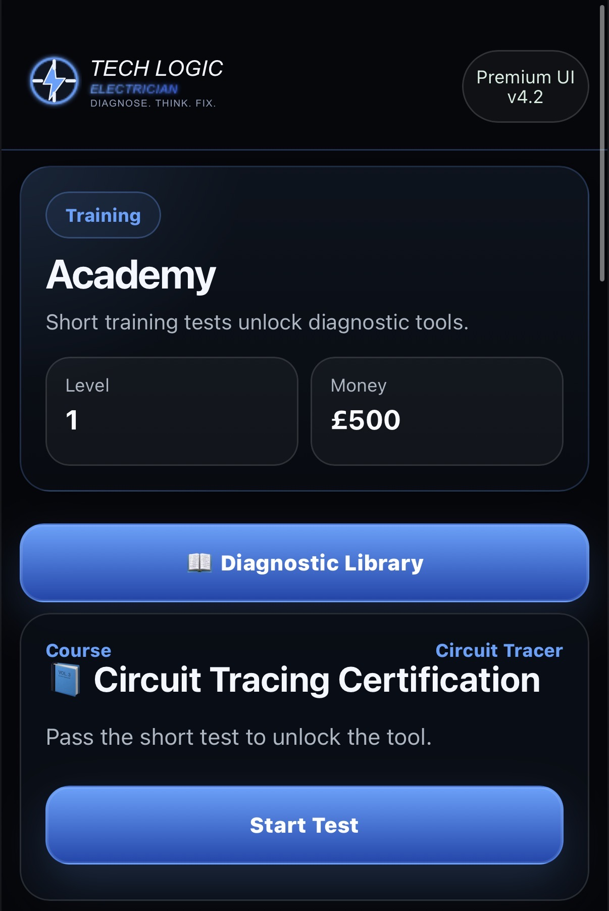 Electrical game Academy showing the Diagnostic Library and training courses