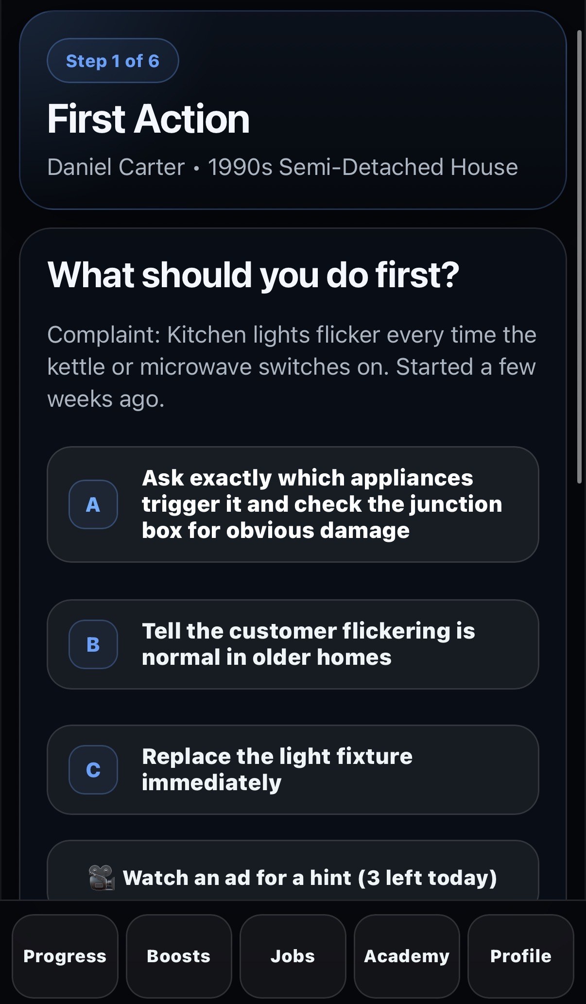 Electrical game job showing a kitchen-light flicker complaint and diagnostic choices